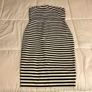 Black and white striped strapless dress